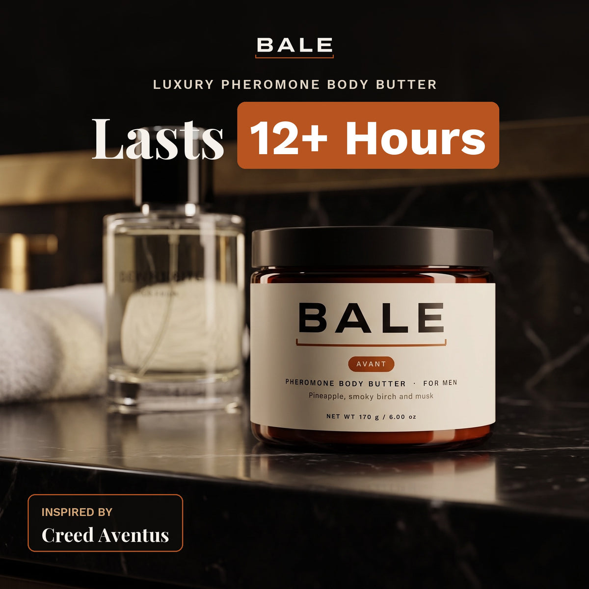 Avant for him, a luxury pheromone body butter inspired by Creed Aventus, lasts 12+ hours