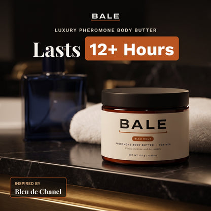 Bleu Hour for him, a luxury pheromone body butter inspired by Bleu de Chanel, lasts 12+ hours