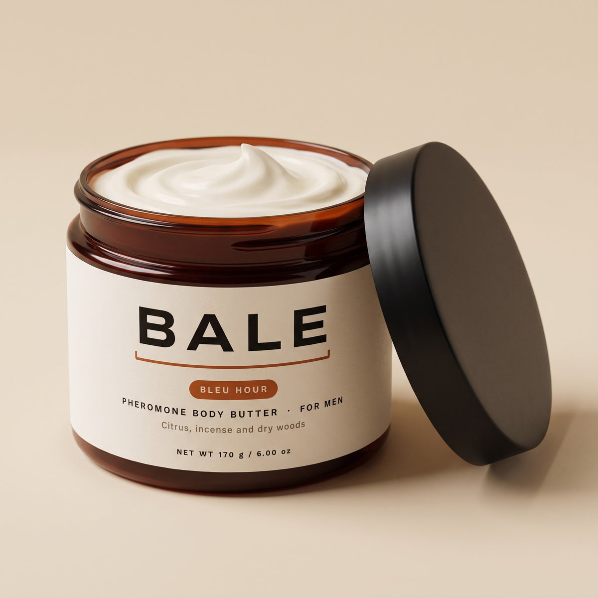 Bleu Hour body butter jar open, whipped shea and cocoa butter