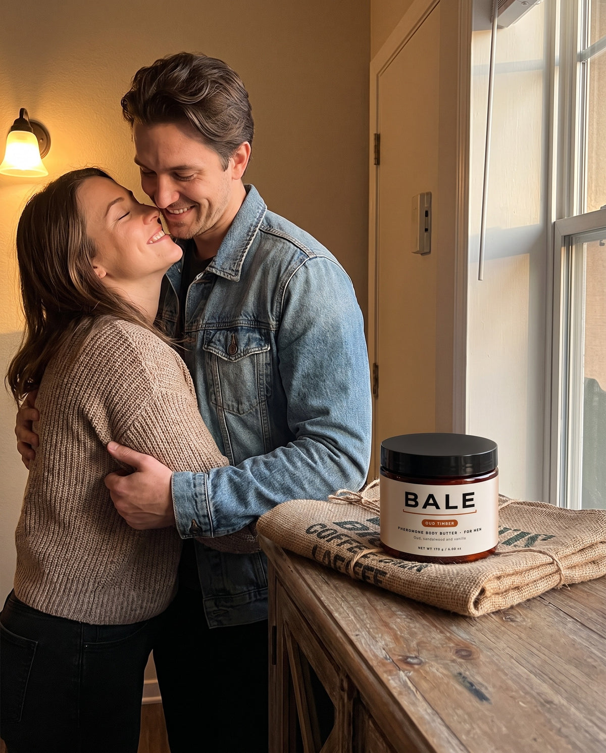 She leans in close to him, the Oud Timber jar on the console table