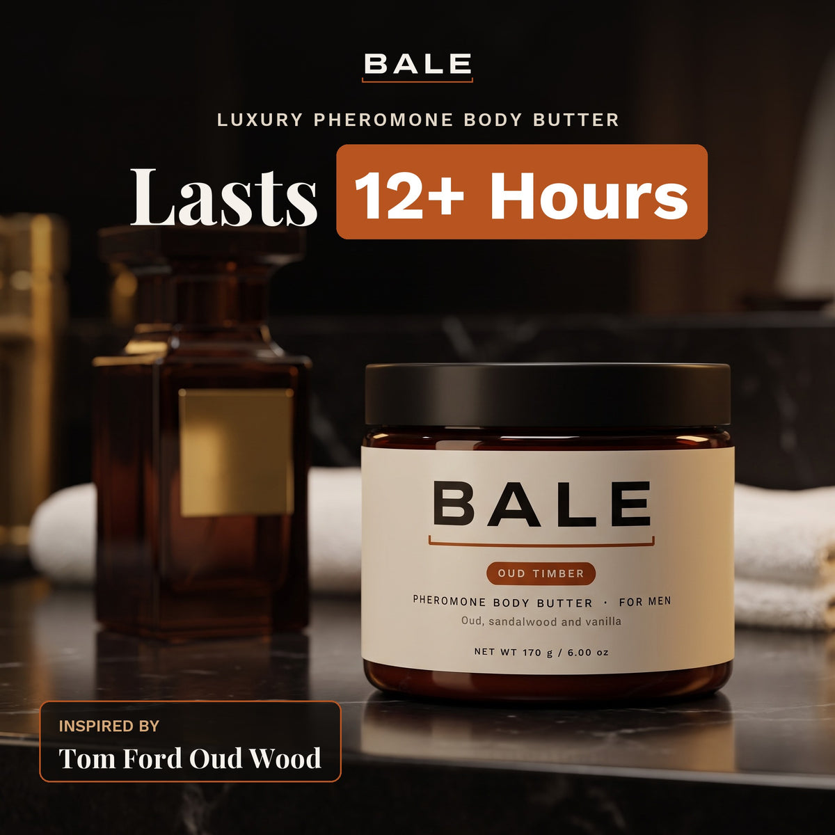 Oud Timber for him, a luxury pheromone body butter inspired by Tom Ford Oud Wood, lasts 12+ hours