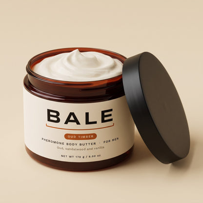 Oud Timber body butter jar open, whipped shea and cocoa butter