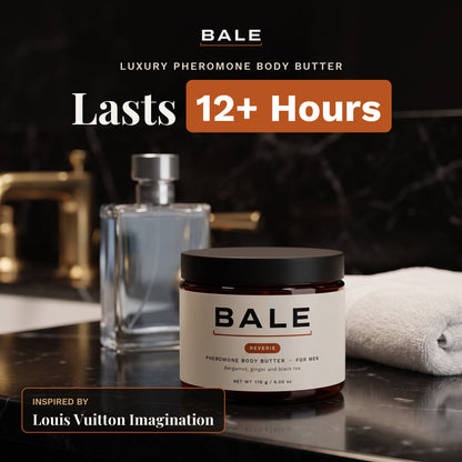 Reverie for him, a luxury pheromone body butter inspired by Louis Vuitton Imagination, lasts 12+ hours