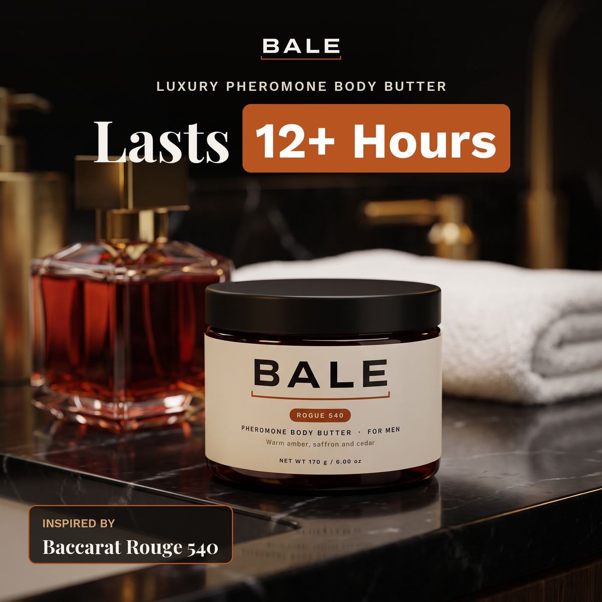 Rogue 540 for him, a luxury pheromone body butter inspired by Baccarat Rouge 540, lasts 12+ hours