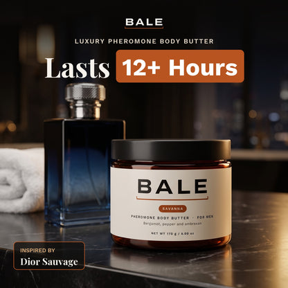 Savanna for him, a luxury pheromone body butter inspired by Dior Sauvage, lasts 12+ hours