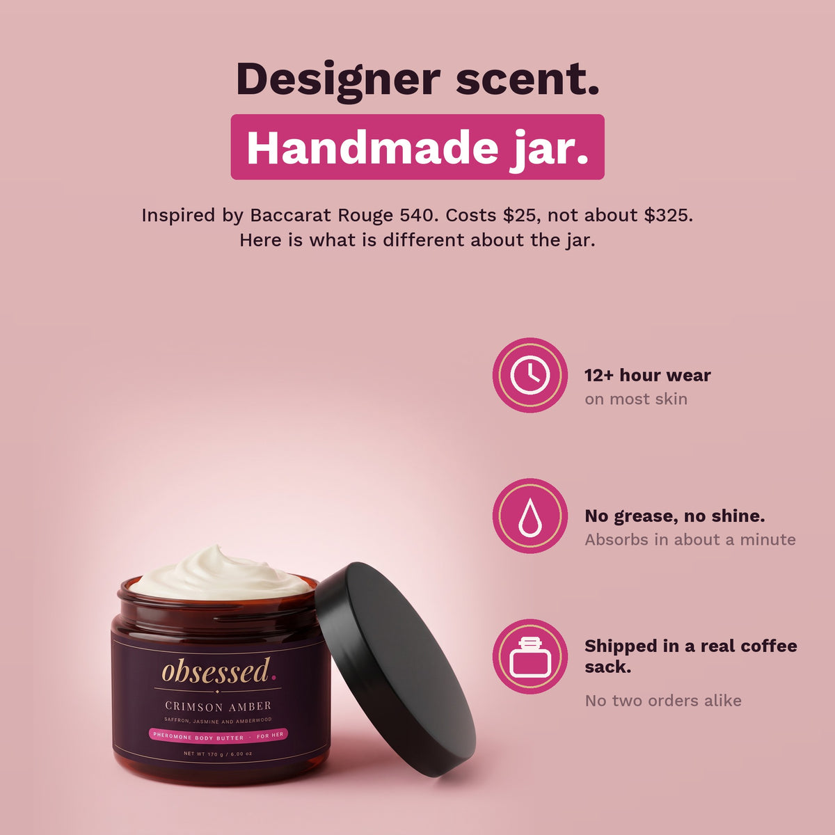 Designer scent, handmade jar: 12+ hour wear, no grease, shipped in a real coffee sack