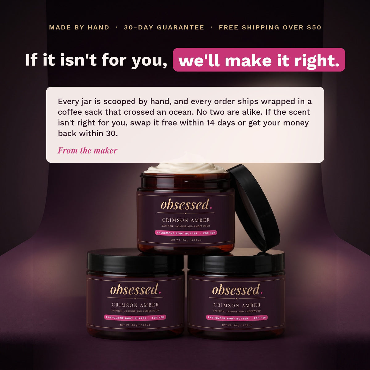Made by hand, 30-day guarantee, free US shipping over $50