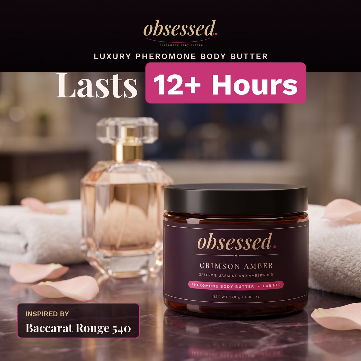 Crimson Amber luxury pheromone body butter for her, inspired by Baccarat Rouge 540, lasts 12+ hours
