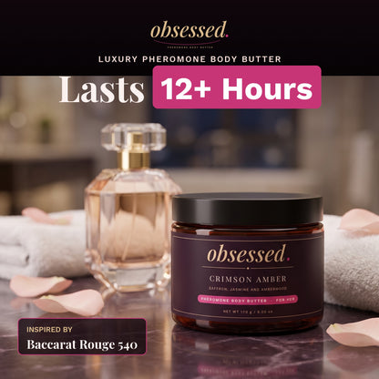 Crimson Amber luxury pheromone body butter for her, inspired by Baccarat Rouge 540, lasts 12+ hours