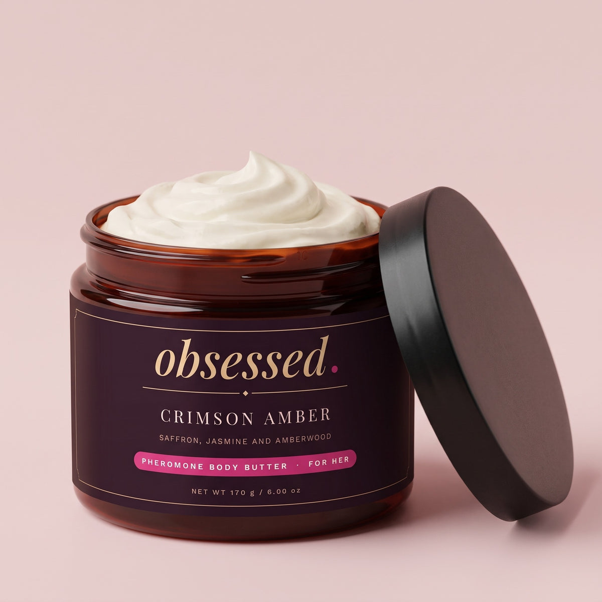 Crimson Amber body butter jar open, whipped shea and cocoa butter