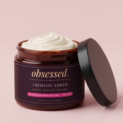 Crimson Amber body butter jar open, whipped shea and cocoa butter