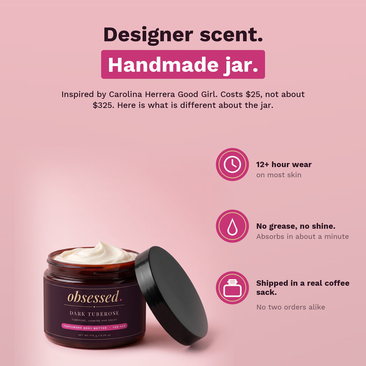 Designer scent, handmade jar: 12+ hour wear, no grease, shipped in a real coffee sack