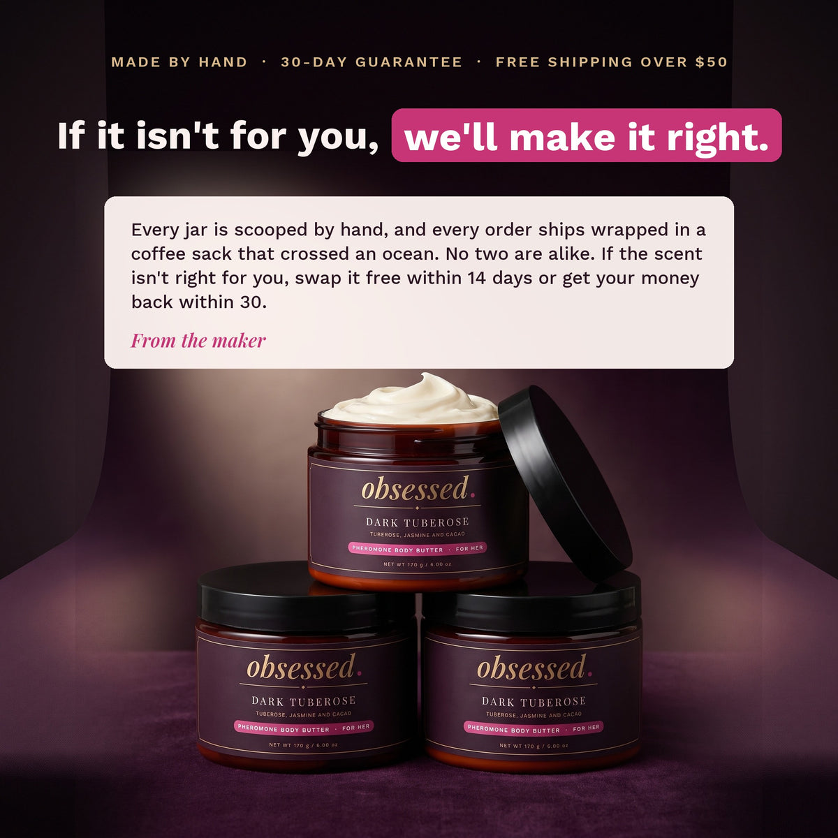 Made by hand, 30-day guarantee, free US shipping over $50