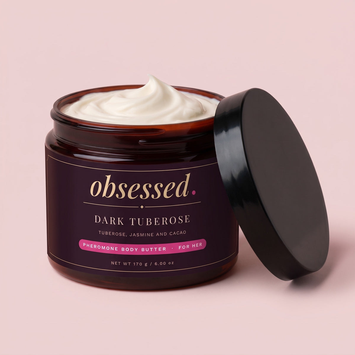 Dark Tuberose body butter jar open, whipped shea and cocoa butter