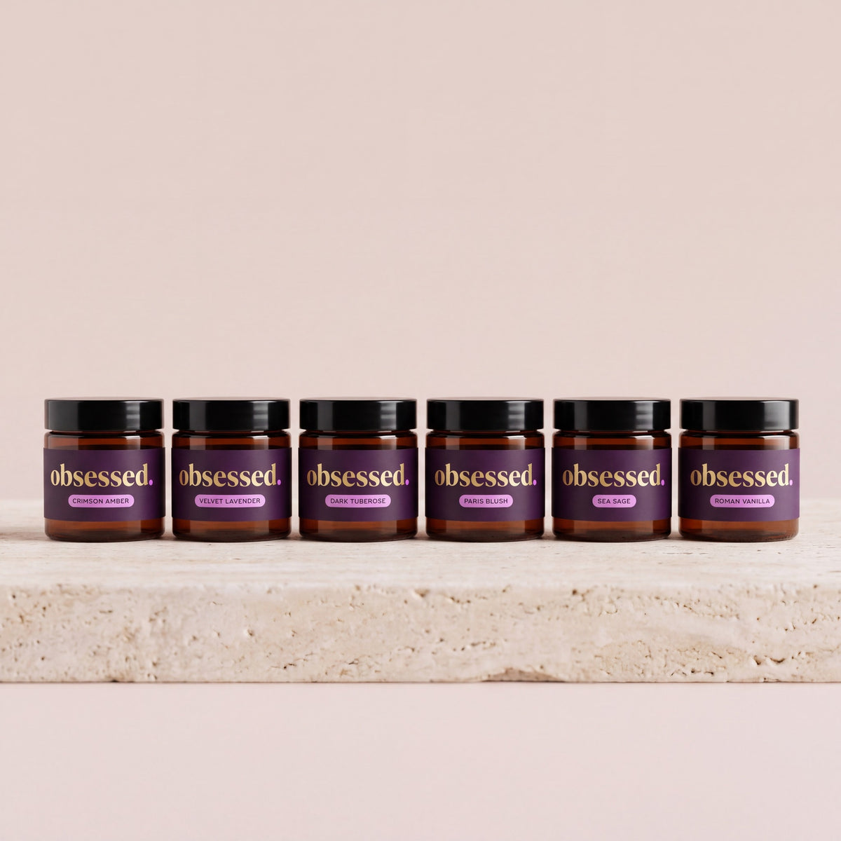 The six obsessed minis in a row: Crimson Amber, Velvet Lavender, Dark Tuberose, Paris Blush, Sea Sage and Roman Vanilla