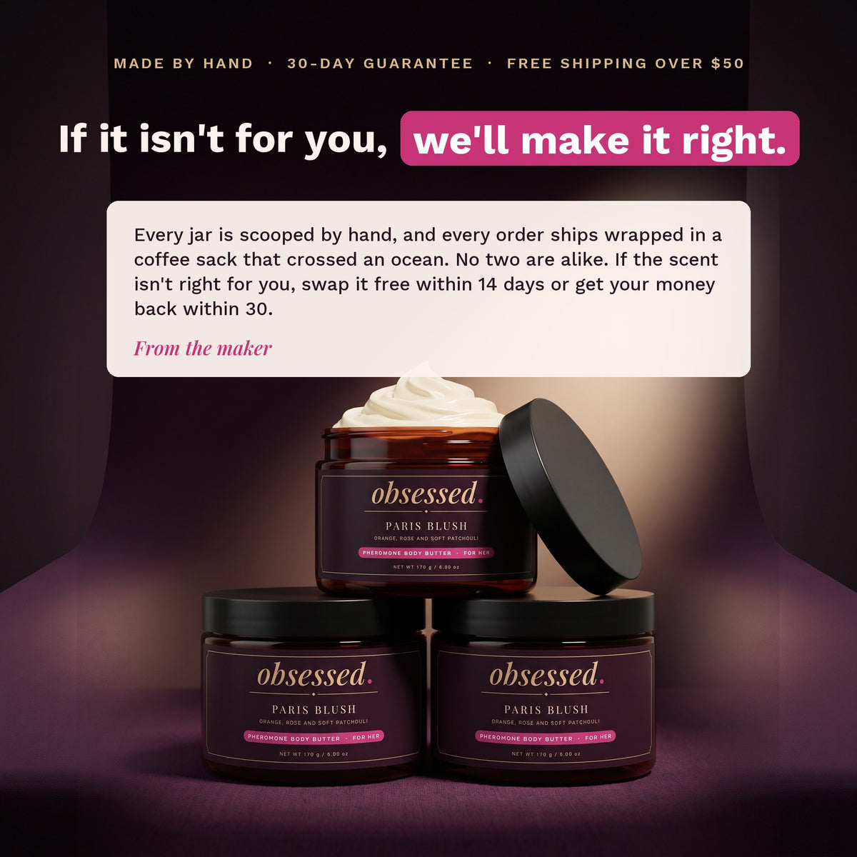 Made by hand, 30-day guarantee, free US shipping over $50