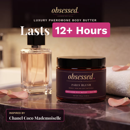 Paris Blush luxury pheromone body butter for her, inspired by Chanel Coco Mademoiselle, lasts 12+ hours