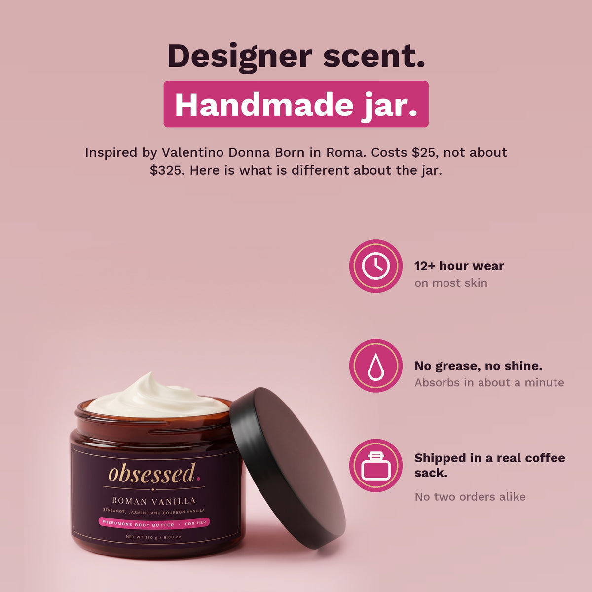 Designer scent, handmade jar: 12+ hour wear, no grease, shipped in a real coffee sack