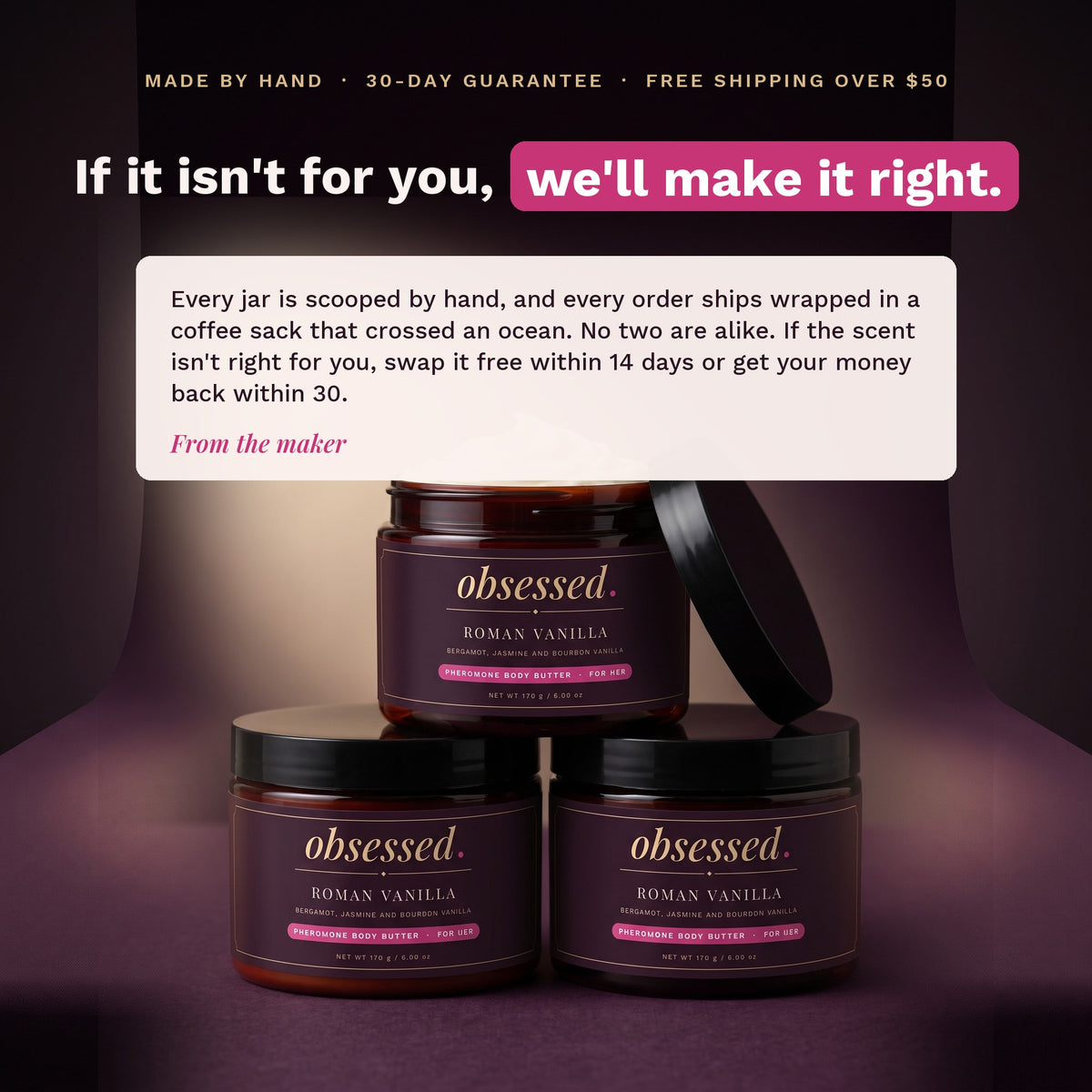 Made by hand, 30-day guarantee, free US shipping over $50