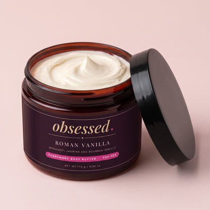 Roman Vanilla body butter jar open, whipped shea and cocoa butter