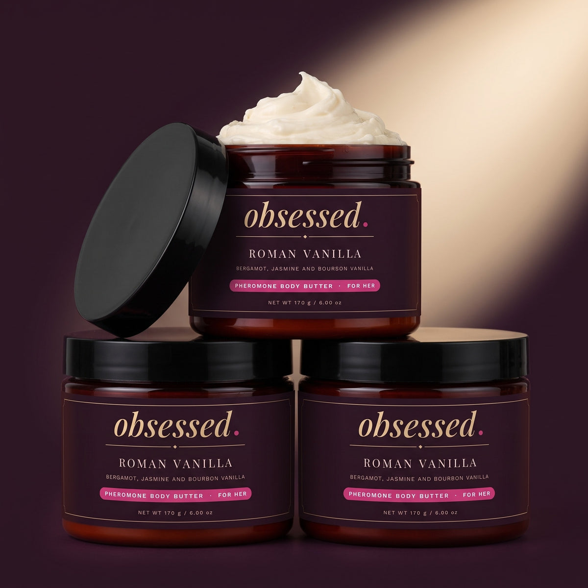Three Roman Vanilla jars stacked, one open