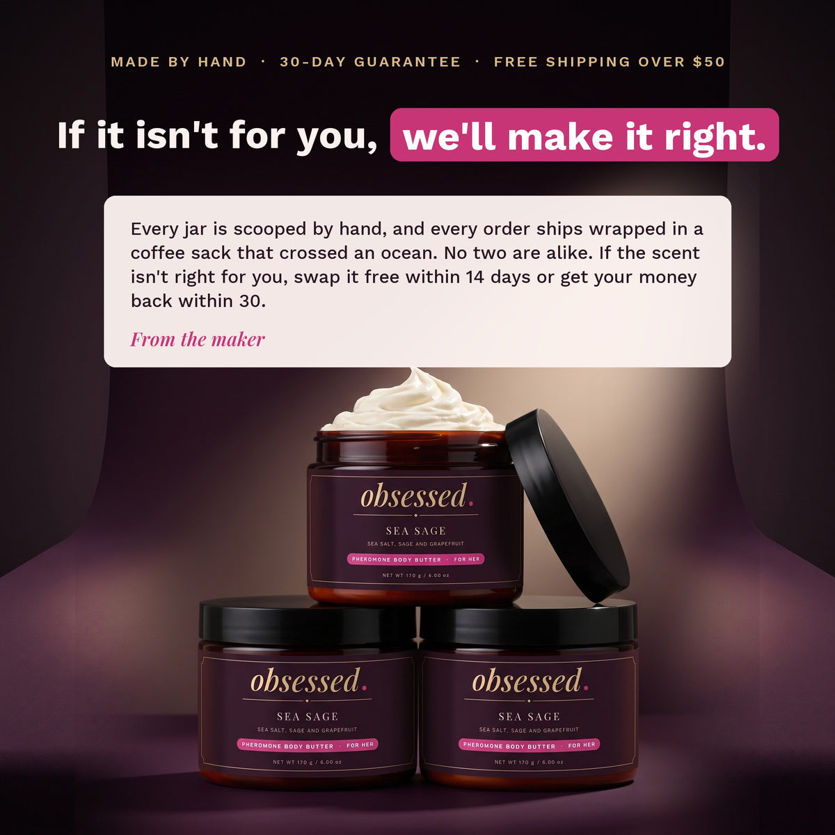 Made by hand, 30-day guarantee, free US shipping over $50