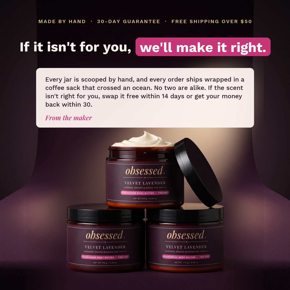Made by hand, 30-day guarantee, free US shipping over $50