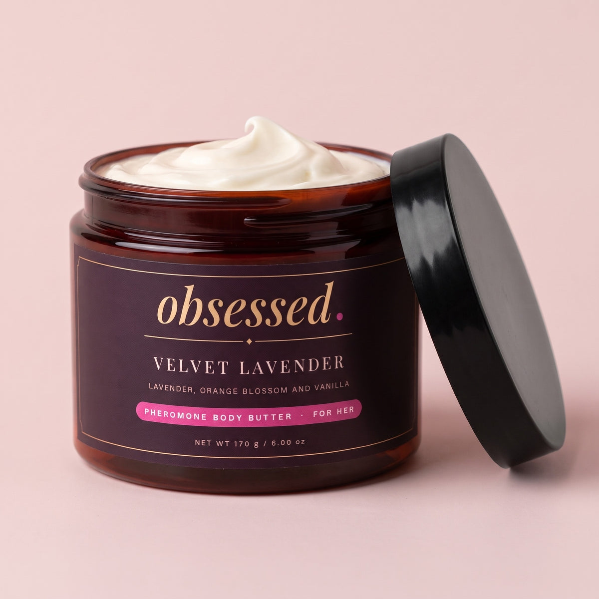 Velvet Lavender body butter jar open, whipped shea and cocoa butter