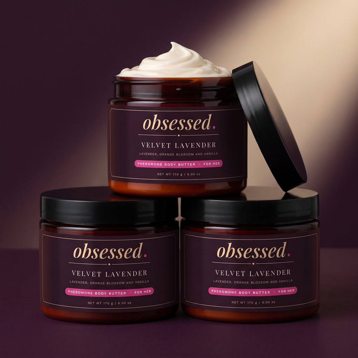 Three Velvet Lavender jars stacked, one open